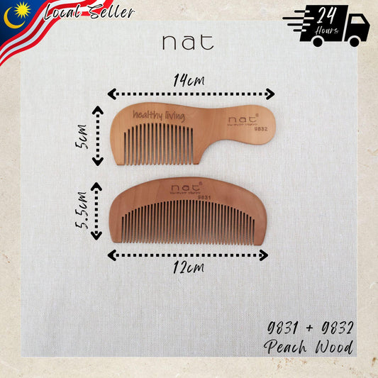 NAT Natural Gold Peach Wood Travel And Portable Anti-Static Stress Relief Combs - 9831+9832
