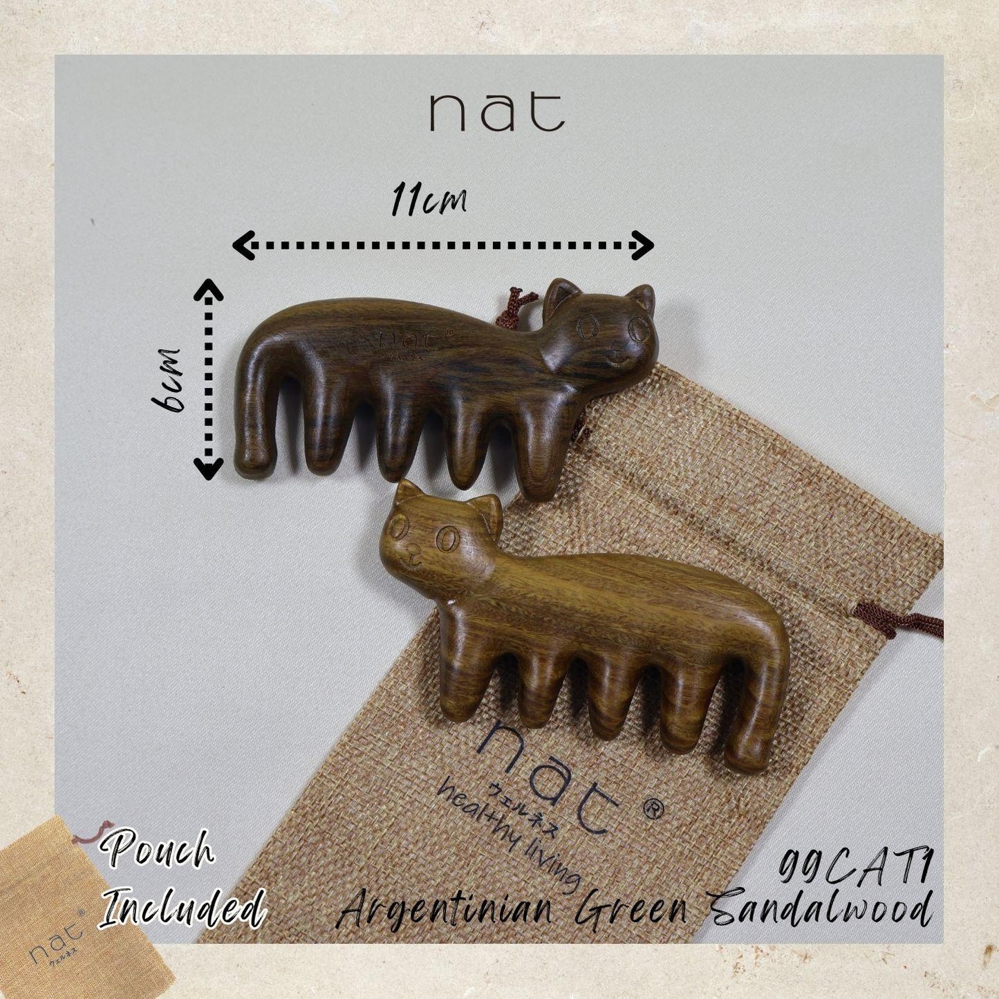 NAT Cute Kitty Cat Natural Argentinian Green Sandalwood Stress Relief Massage Anti-Static Comb for Gua Sha and Massaging - 99CAT1
