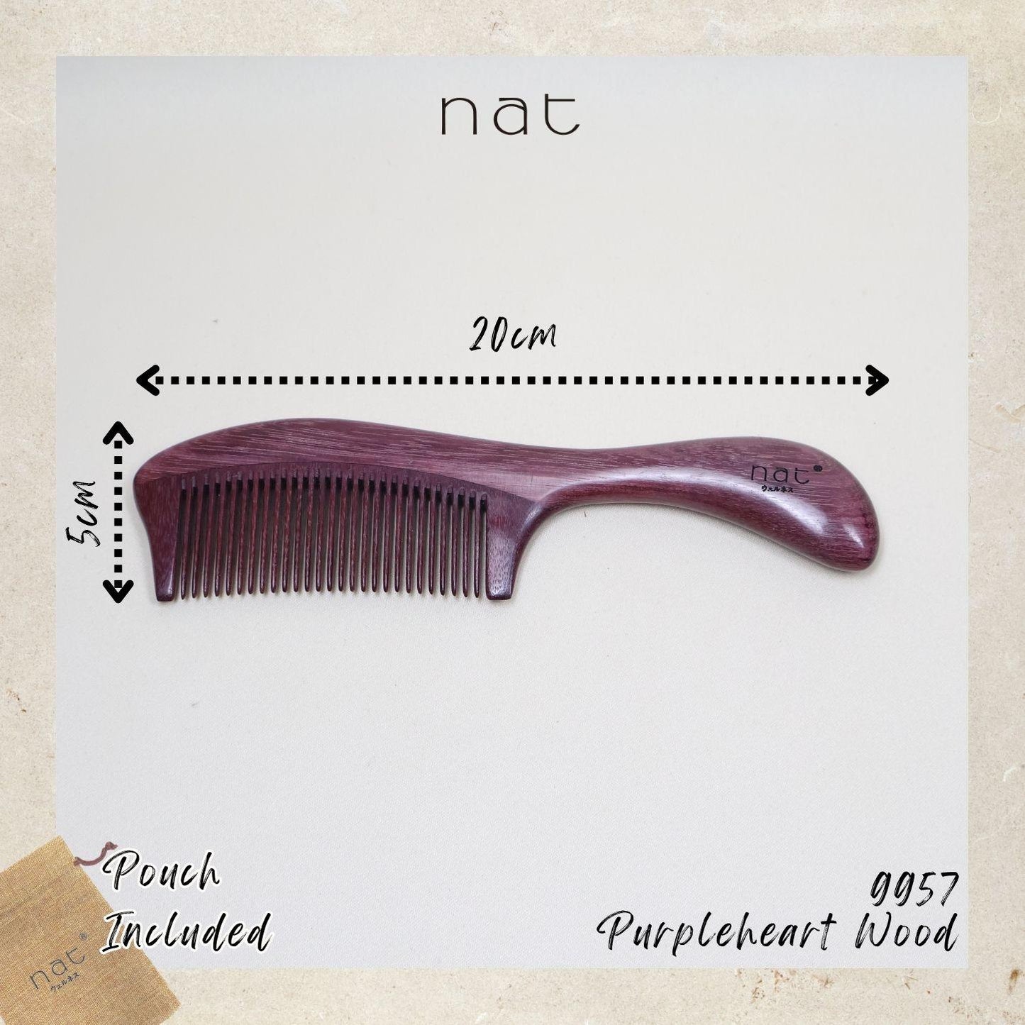 NAT Natural Purpleheart Hardwood Wooden Anti-Static Wood Shine & Smooth Comb - 9957