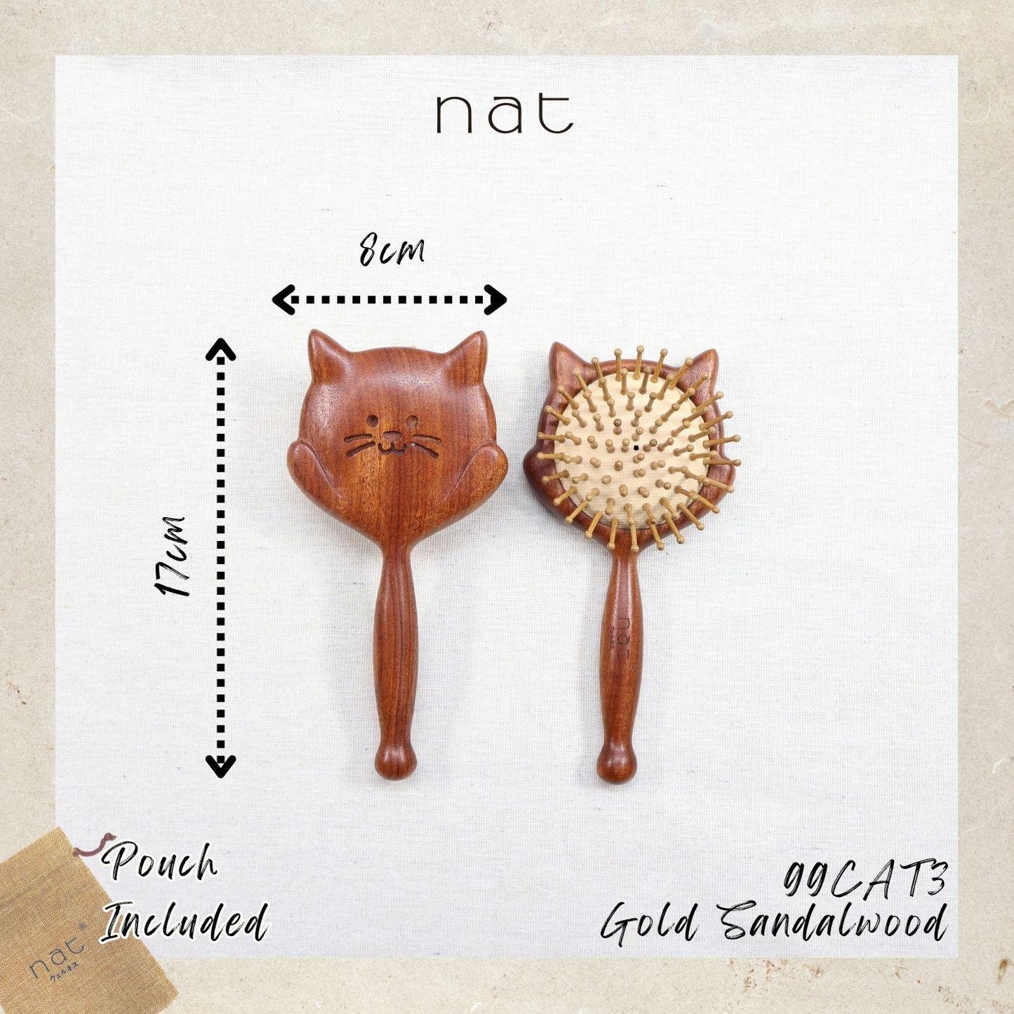 NAT Natural Gold Sandalwood Wood Cute Kitty Hair Brush - 99CAT3