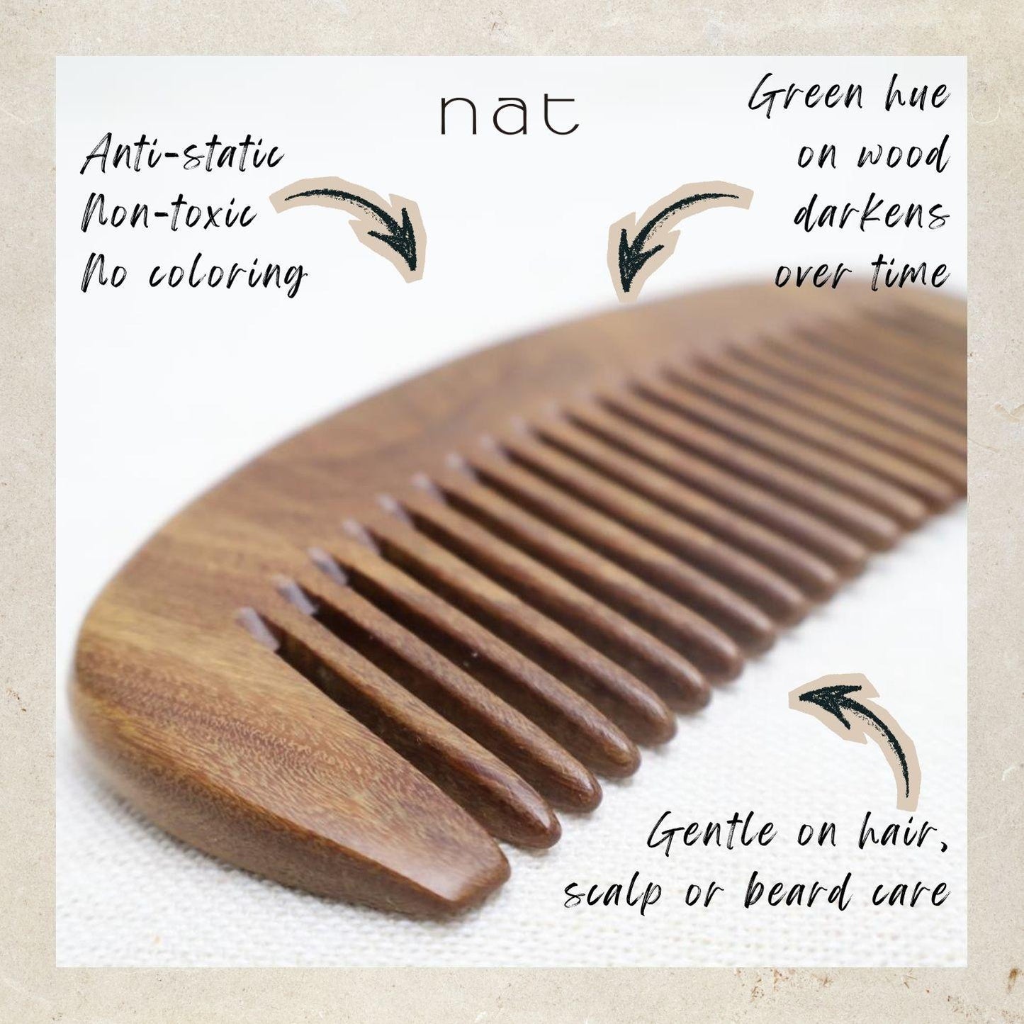 NAT Natural Green Sandalwood Fine Tooth Anti-Static Pure Scalp Comb - 9836