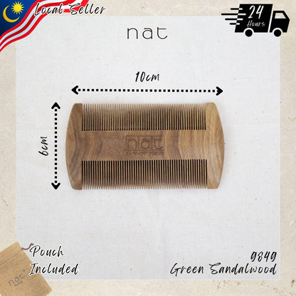 NAT Natural Green Sandalwood Double Sided Anti-Static Beard Care Comb - 9849