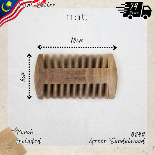 NAT Natural Green Sandalwood Double Sided Anti-Static Beard Care Comb - 9849