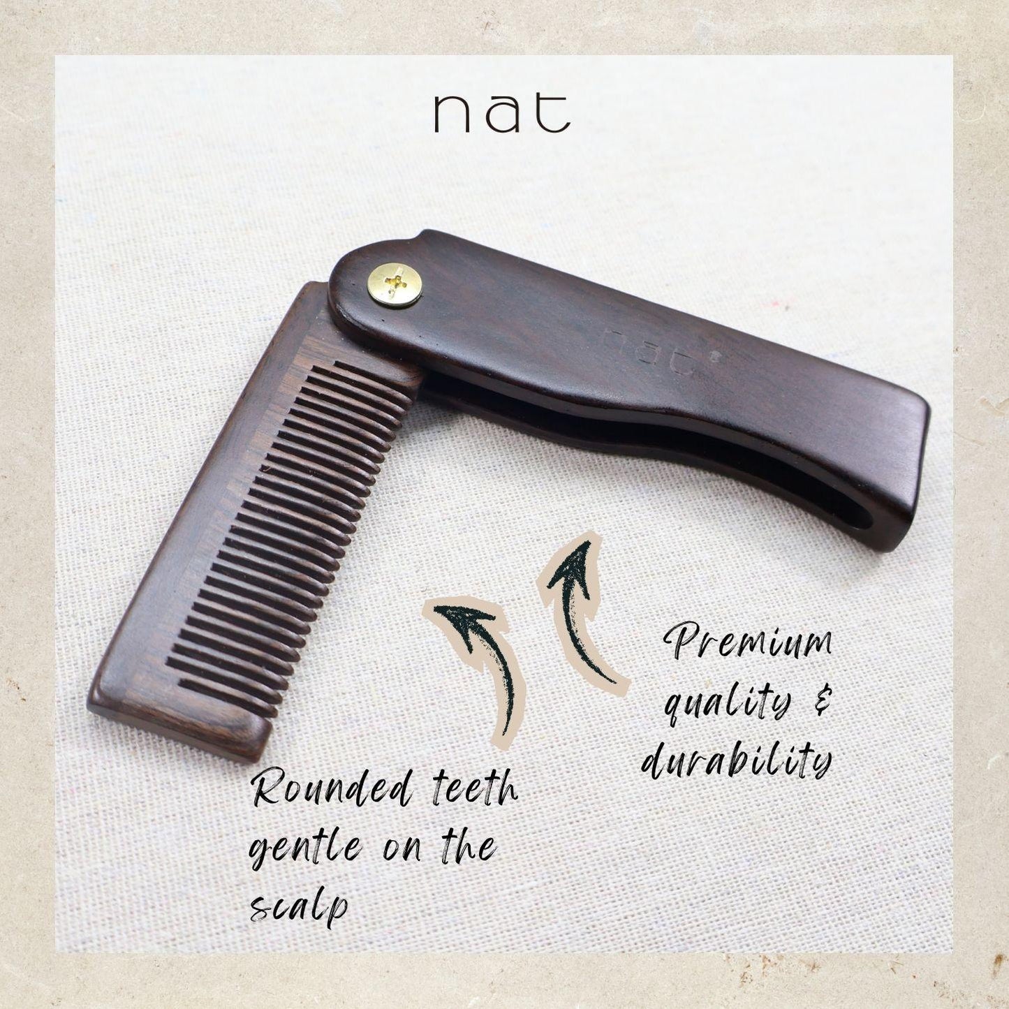 NAT High Quality & Premium Anti Static Natural Chacate Preto Wooden Foldable Gentle Care Comb - 9977