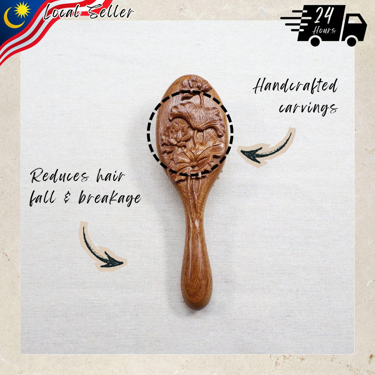 NAT High Quality & Premium Oriental Handcrafted Natural & Anti Static Red Sandalwood Premium Head Brush - BW26