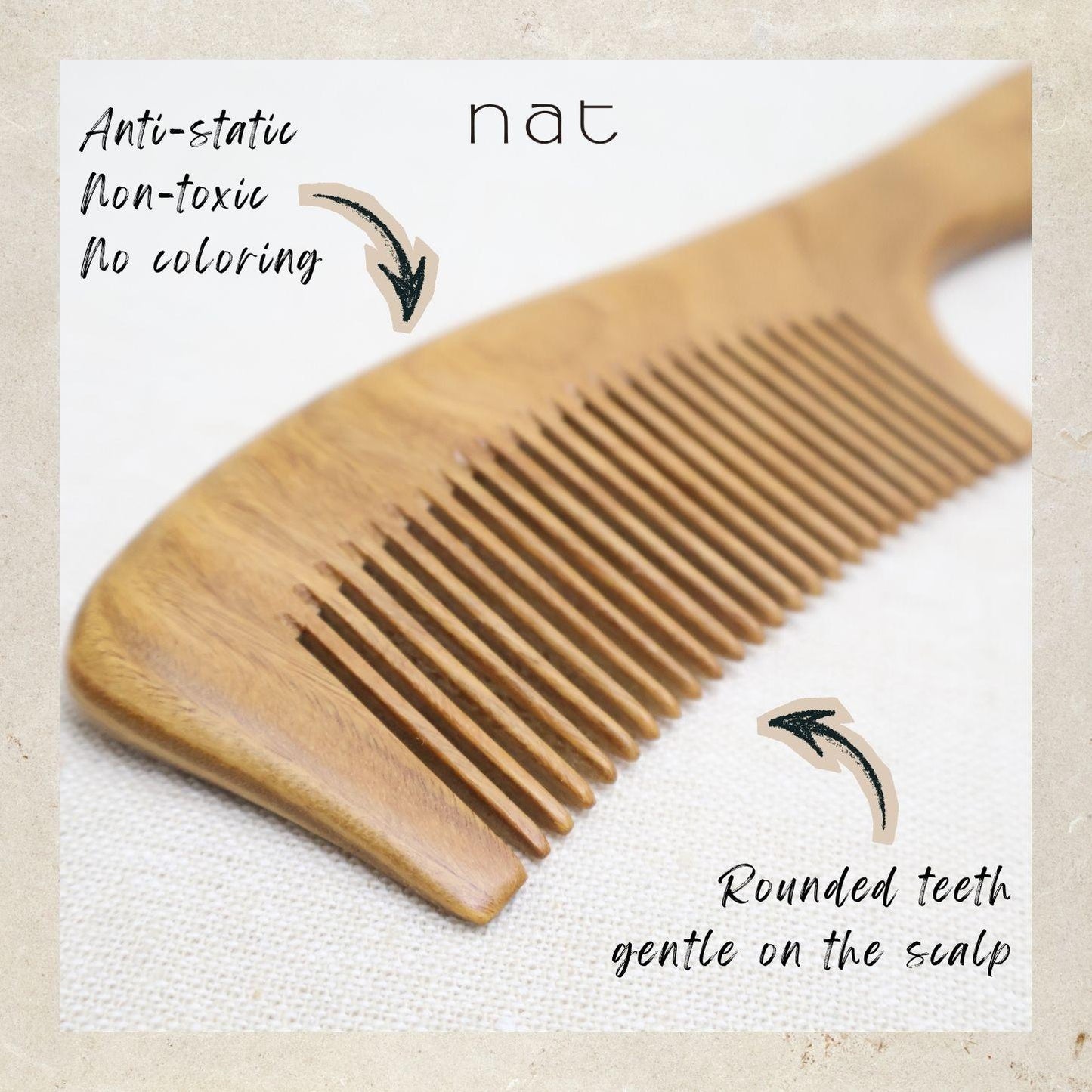 NAT Natural Green Sandalwood Fine Tooth Anti-Static Soft Care Hair Comb - 9841