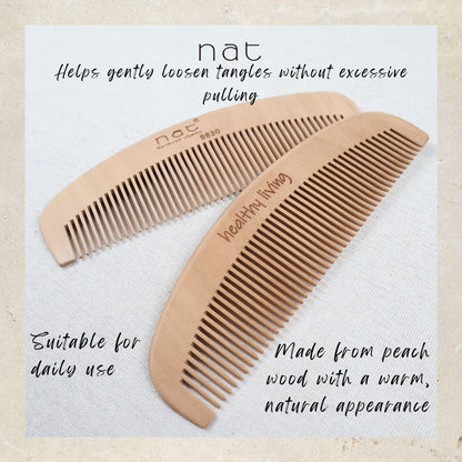 NAT Natural Gold Peach Wood Fine Tooth Anti-Static Gentle Care Comb - 9830