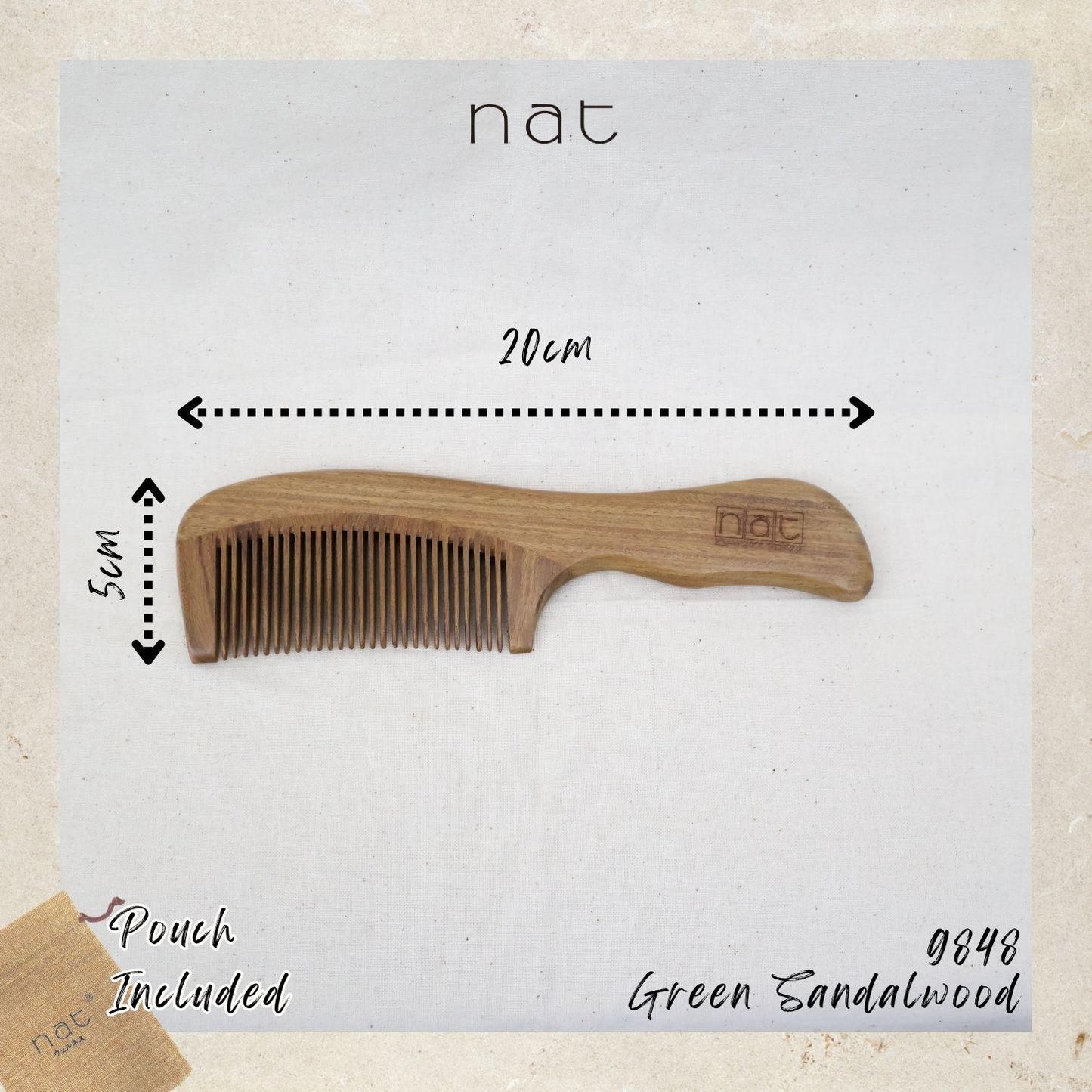NAT Natural Shine Green Sandalwood Fine Tooth Anti-Static Comb - 9848