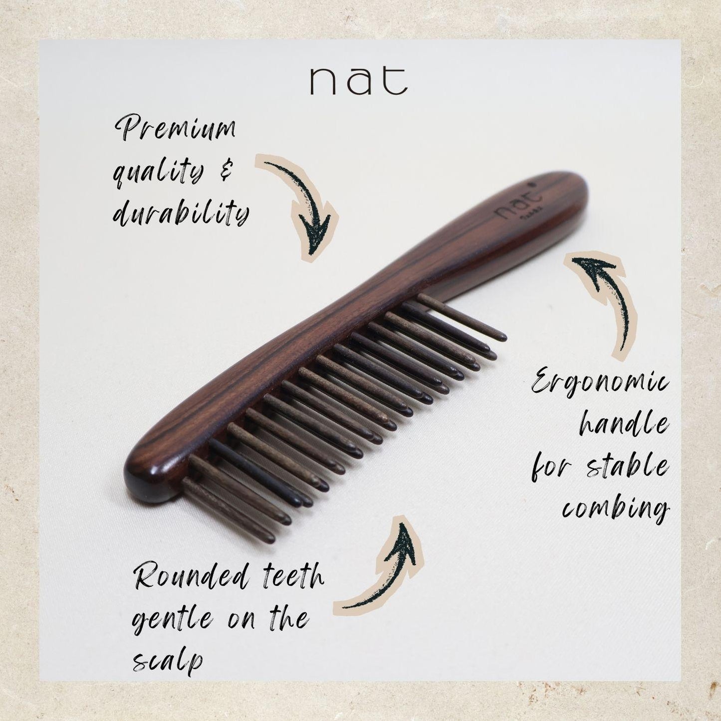 NAT PREMIUM Natural Chacate Preto Wood Hair Detangler Anti-Static Smooth Care Comb - 9955