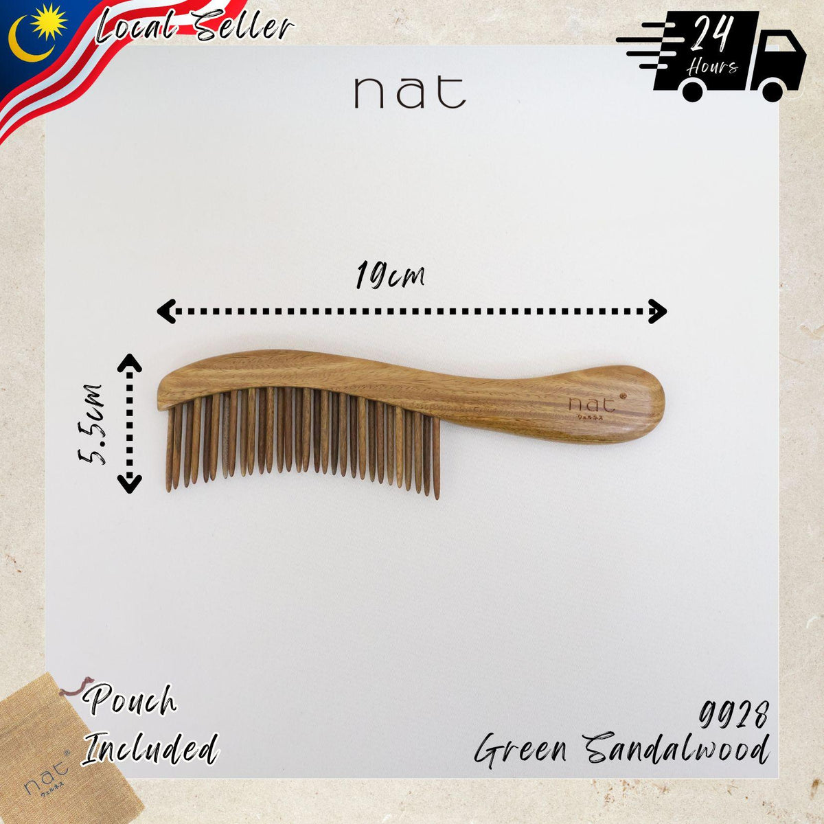 NAT PREMIUM Natural Green Sandalwood Hair Detangler Anti-Static Smooth and Care Comb - 9928