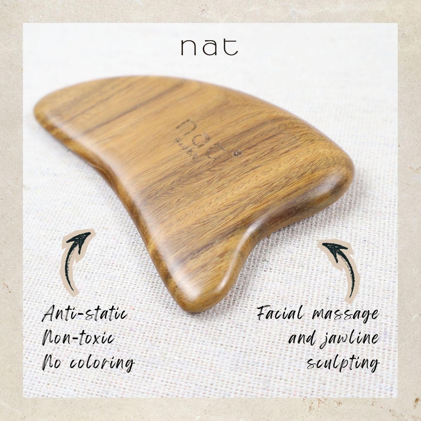 NAT Natural Smooth Argentinian Green Sandalwood Wood Wooden Massage Anti-Static Ox Horn Design Gua Sha - 9940