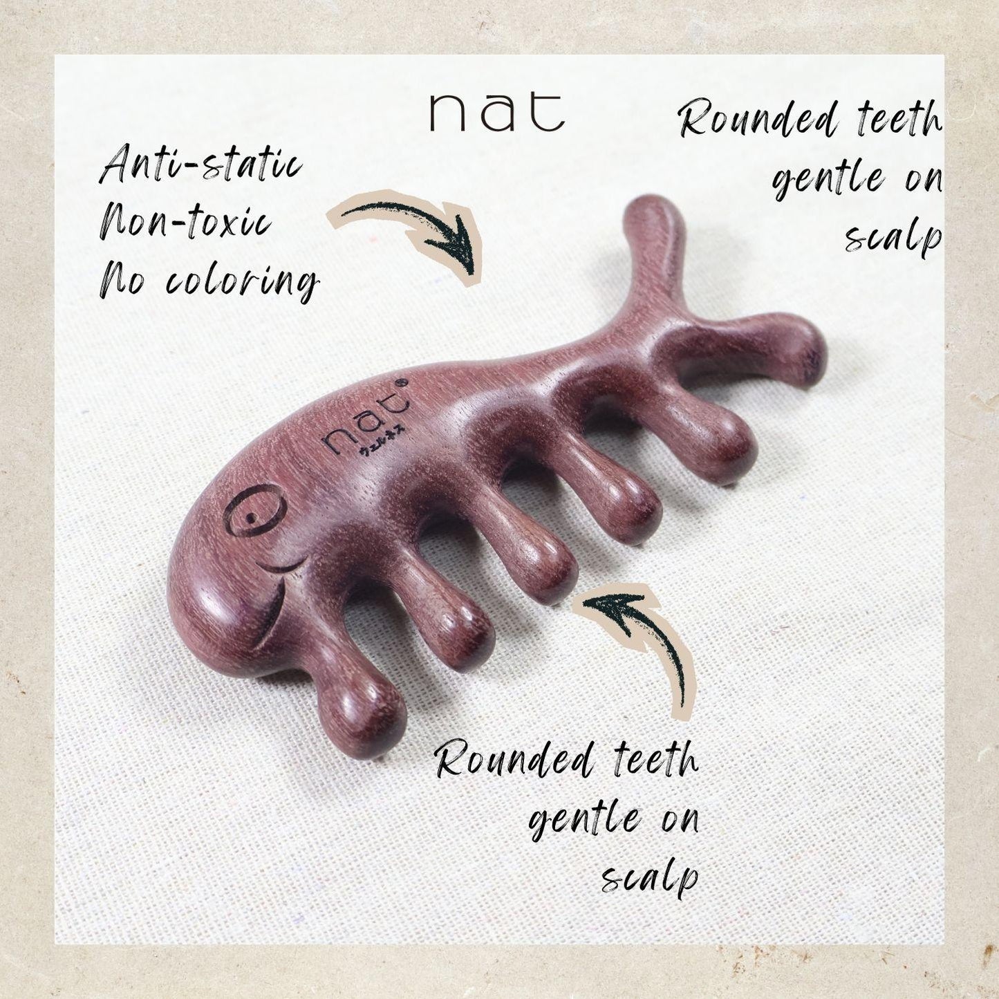 NAT Natural Purpleheart Wood Wooden Massage Anti-Static Cartoon Fish Bone Gua Sha Gentle Relief Comb - 9965