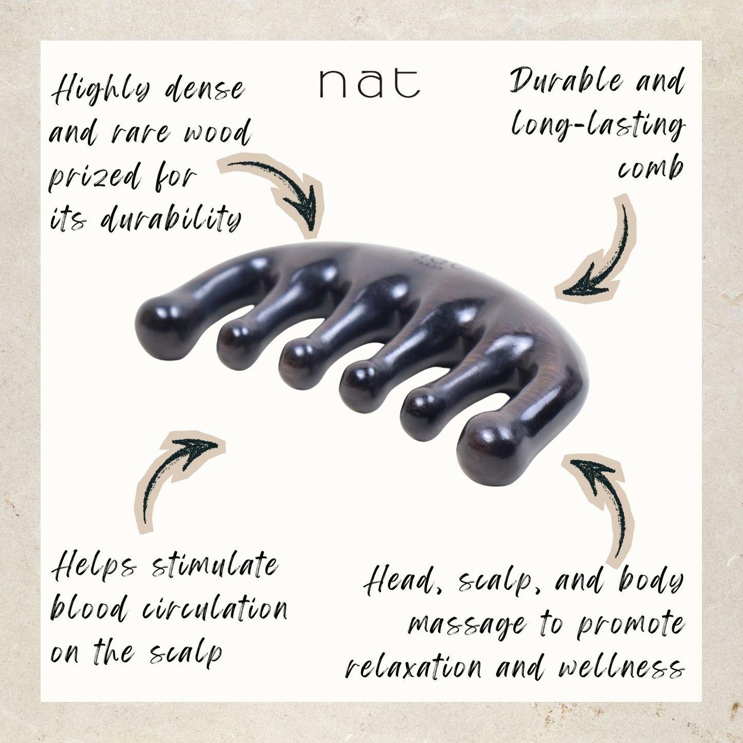 NAT Natural Rare African Blackwood Dalbergia Wood Wooden Massage Anti-Static Gua Sha Smooth Flow Comb - 9947