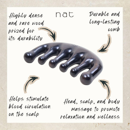 NAT Natural Rare African Blackwood Dalbergia Wood Wooden Massage Anti-Static Gua Sha Smooth Flow Comb - 9947