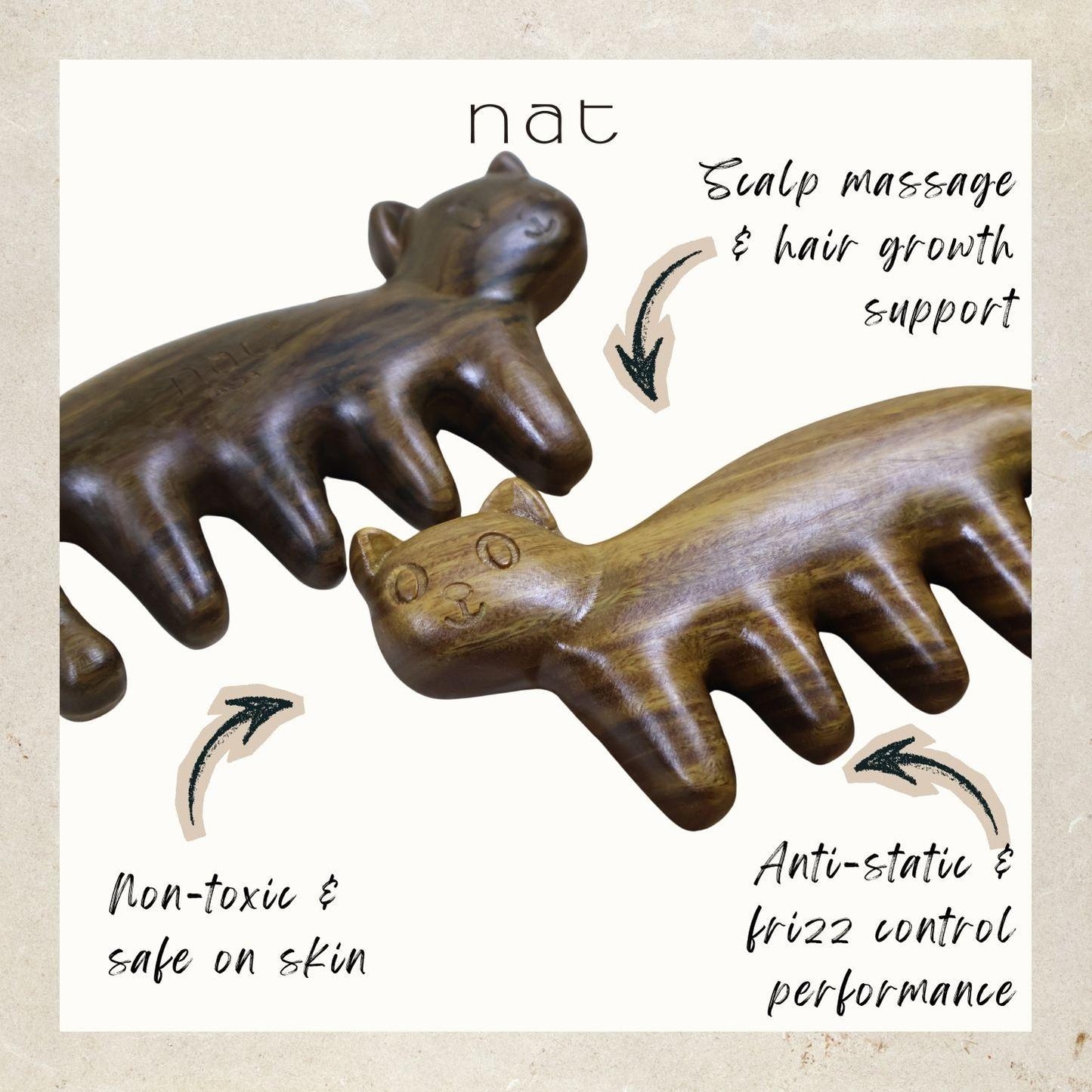 NAT Cute Kitty Cat Natural Argentinian Green Sandalwood Stress Relief Massage Anti-Static Comb for Gua Sha and Massaging - 99CAT1