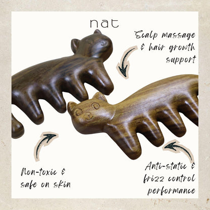 NAT Cute Kitty Cat Natural Argentinian Green Sandalwood Stress Relief Massage Anti-Static Comb for Gua Sha and Massaging - 99CAT1