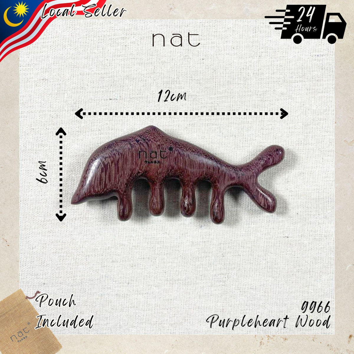 NAT Natural Purpleheart Wood Wooden Massage Anti-Static Cartoon Fish Bone Gua Sha Styling Comb - 9966