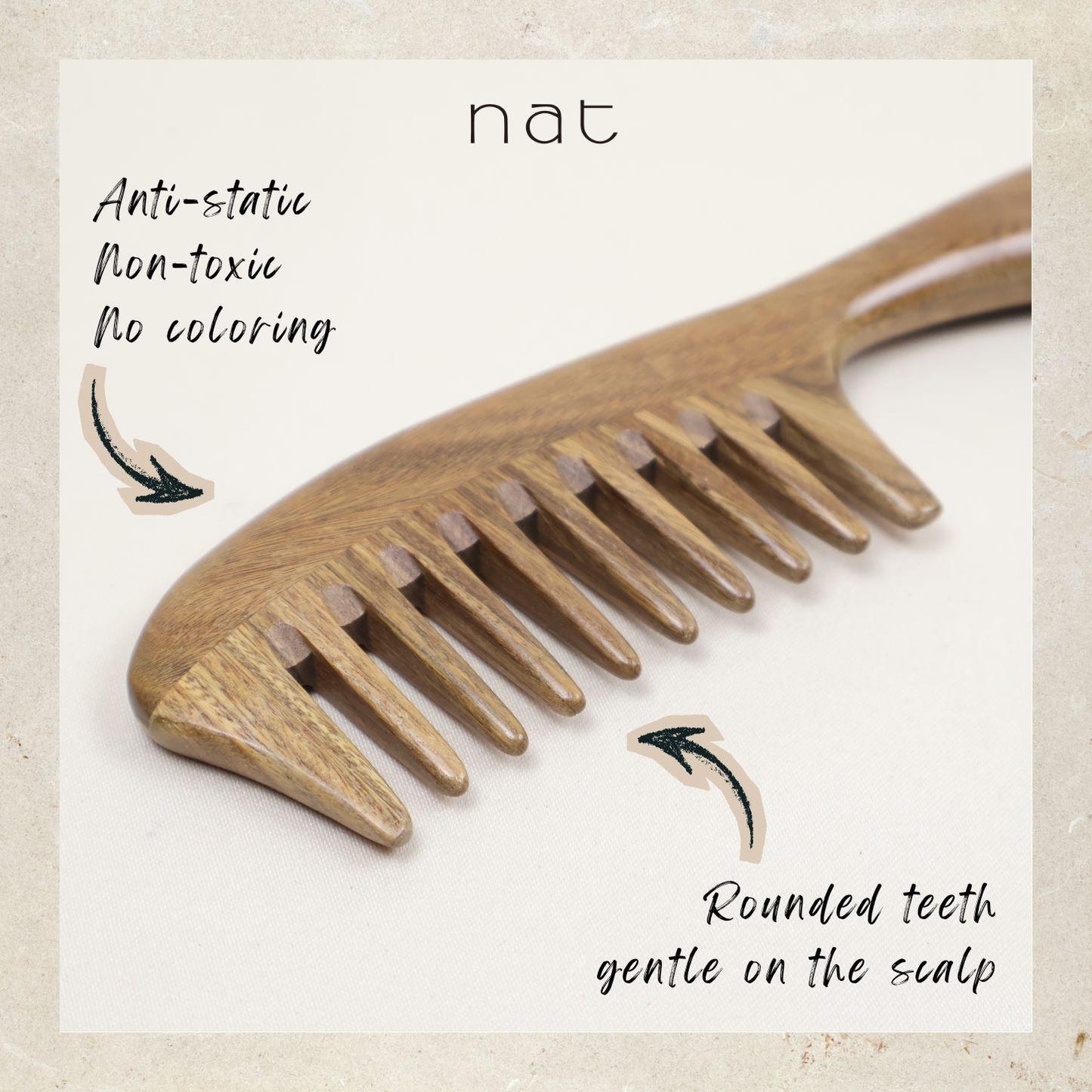 NAT Natural Green Sandalwood Wide Tooth Anti-Static Comfort Grip Massage Comb - Upgraded Version - 9840