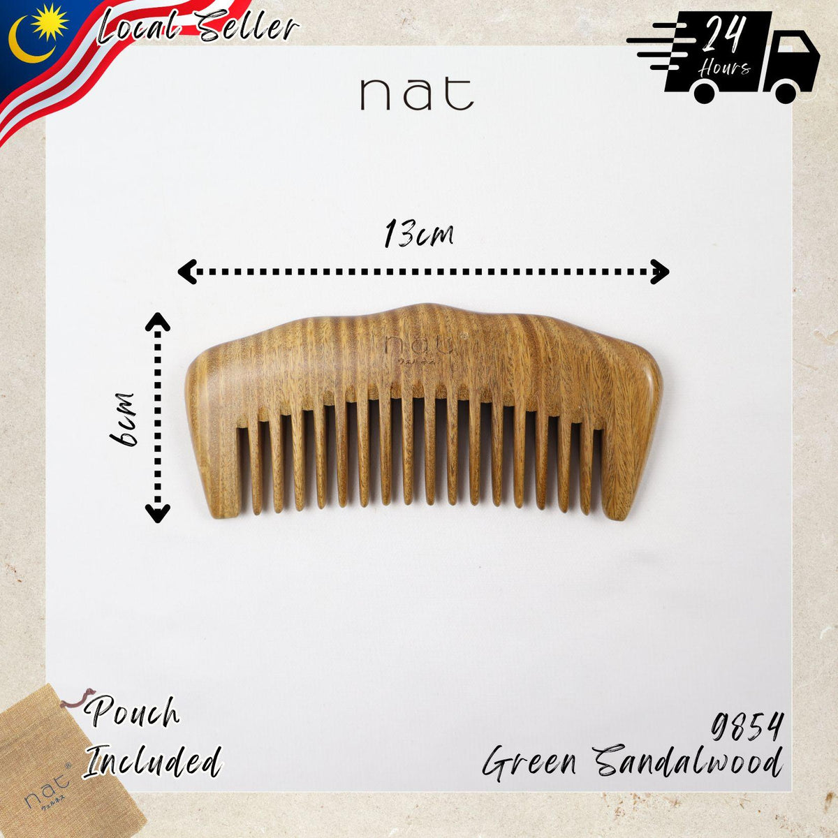 NAT Natural Green Sandalwood Wide Tooth Anti-Static Handy Comb Hair Accessories - 9854