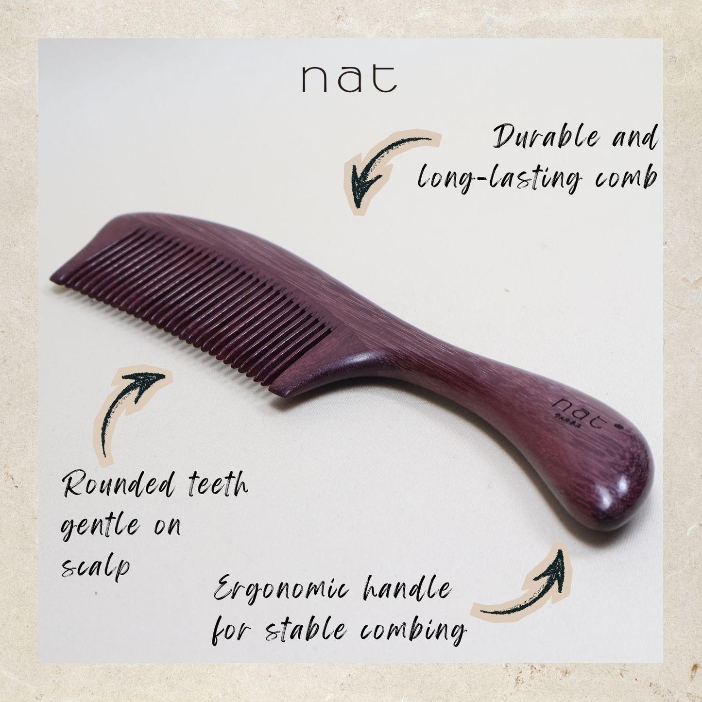 NAT Natural Purpleheart Hardwood Wooden Anti-Static Wood Shine & Smooth Comb - 9957