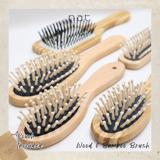 NAT Natural Wood & Bamboo Anti-Static Non-Toxic Hair Scalp Massaging Brushes