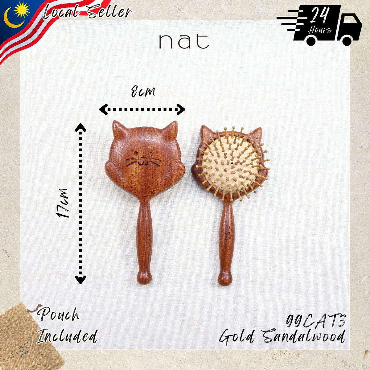 NAT Natural Gold Sandalwood Wood Cute Kitty Hair Brush - 99CAT3