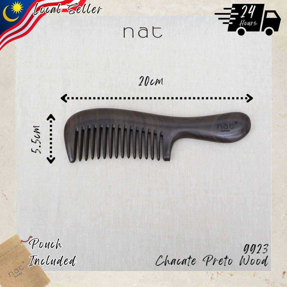 NAT Natural Chacate Preto Wooden Wood Wide Tooth Premium Anti-Static Prime Styling Comb - 9923
