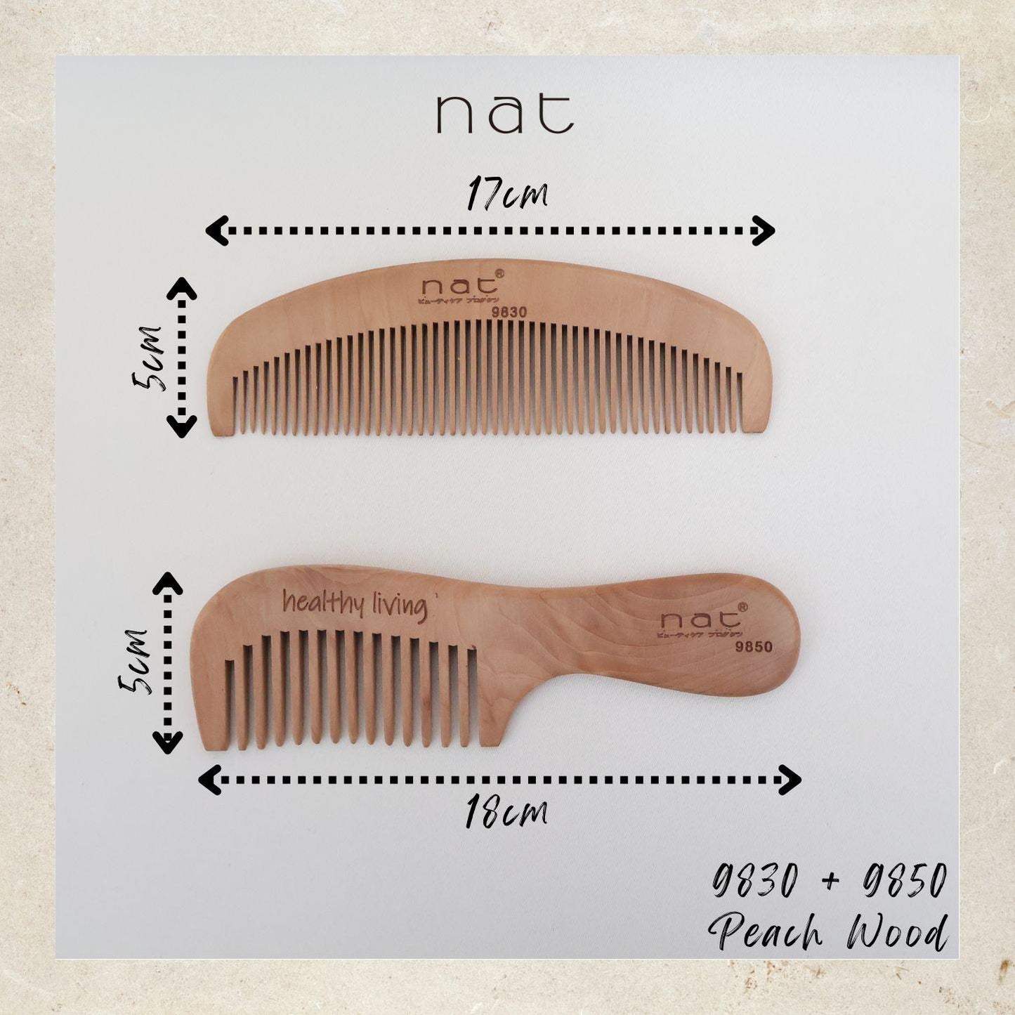 NAT Natural Gold Peach Wood Wide and Fine Tooth Anti-Static Comb Set Gentle Touch Comb Set - 9830+9850