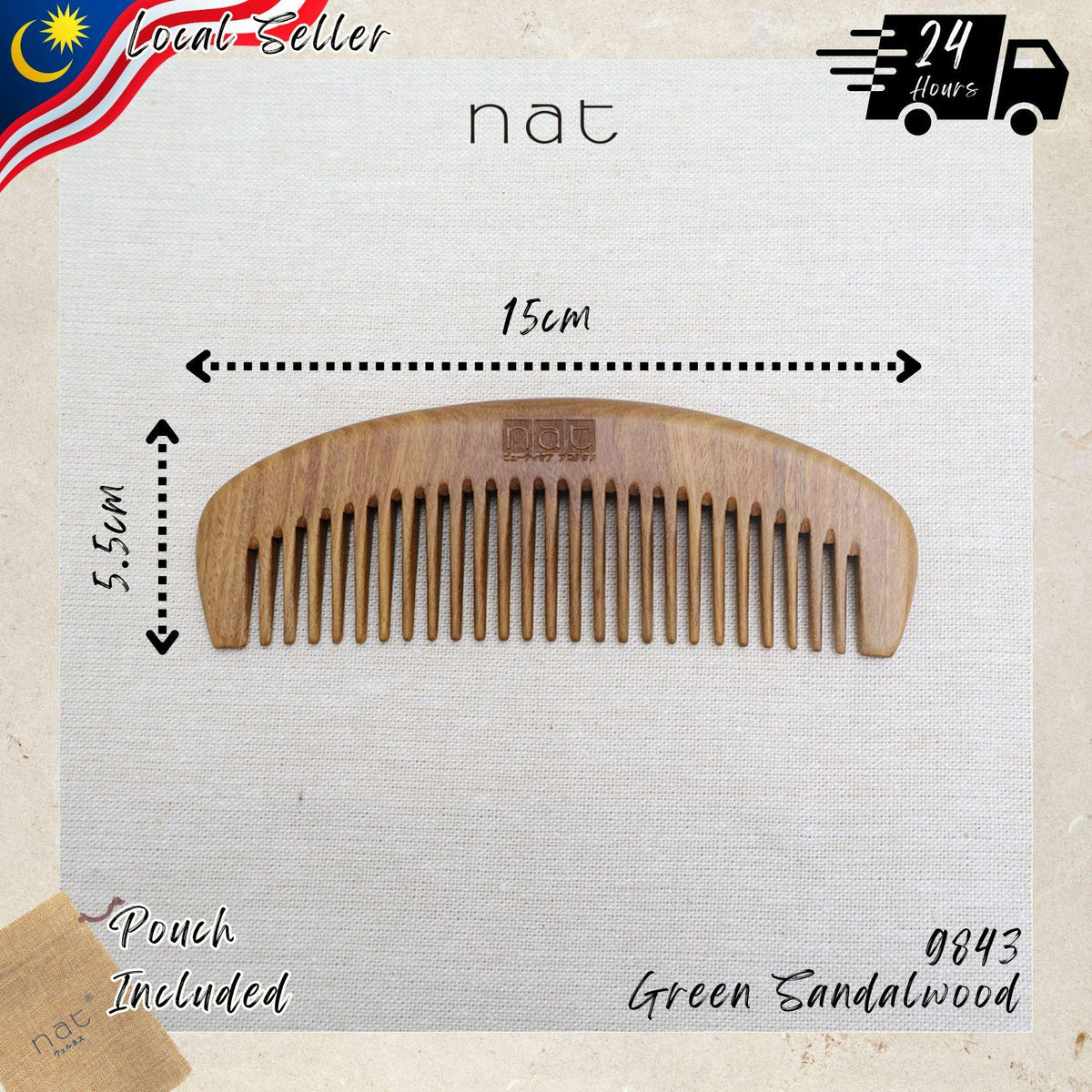 NAT Natural Green Sandalwood Wide Tooth Anti-Static Comb Hair Accessories - 9843