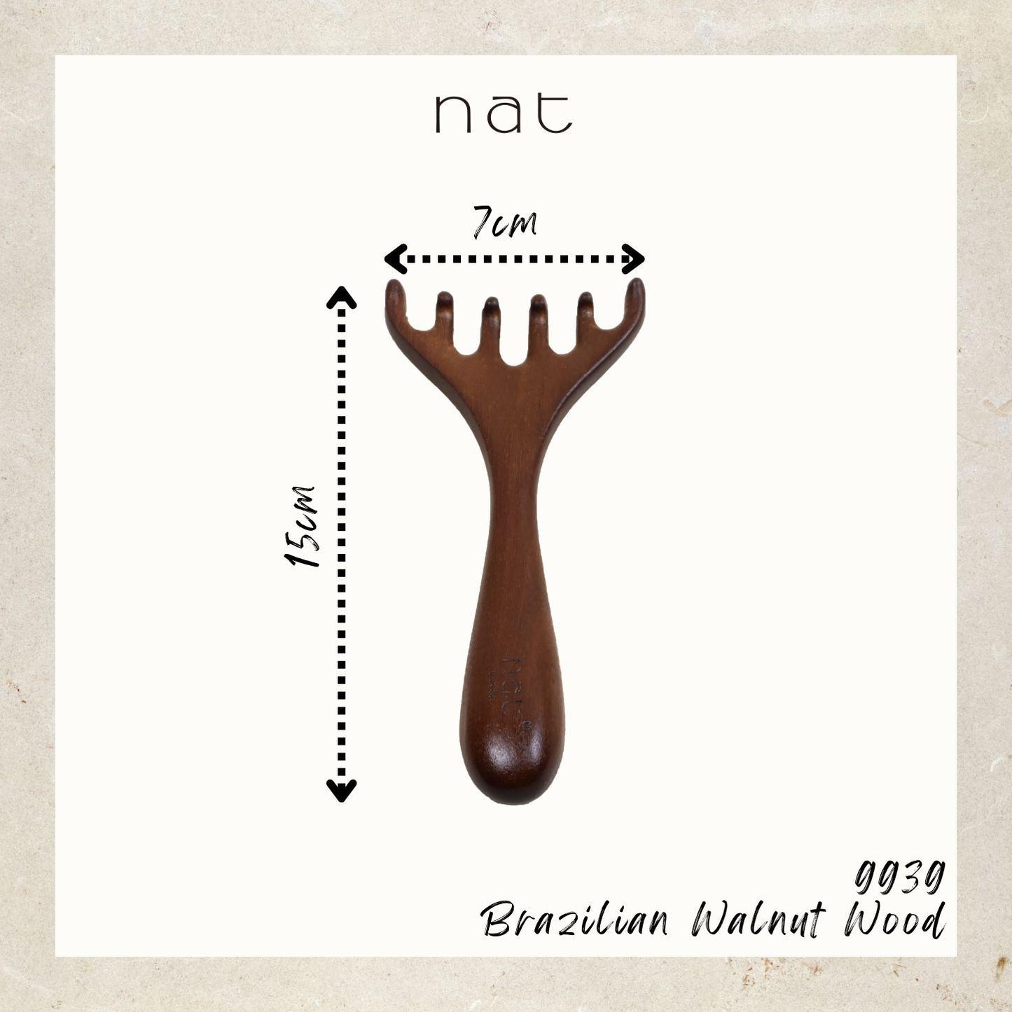 NAT Natural Walnut Wood Wooden Gentle Scalp Care Massage Anti-Static Six Wide Rake Design Gua Sha - 9939