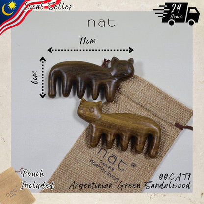 NAT Cute Kitty Cat Natural Argentinian Green Sandalwood Stress Relief Massage Anti-Static Comb for Gua Sha and Massaging - 99CAT1