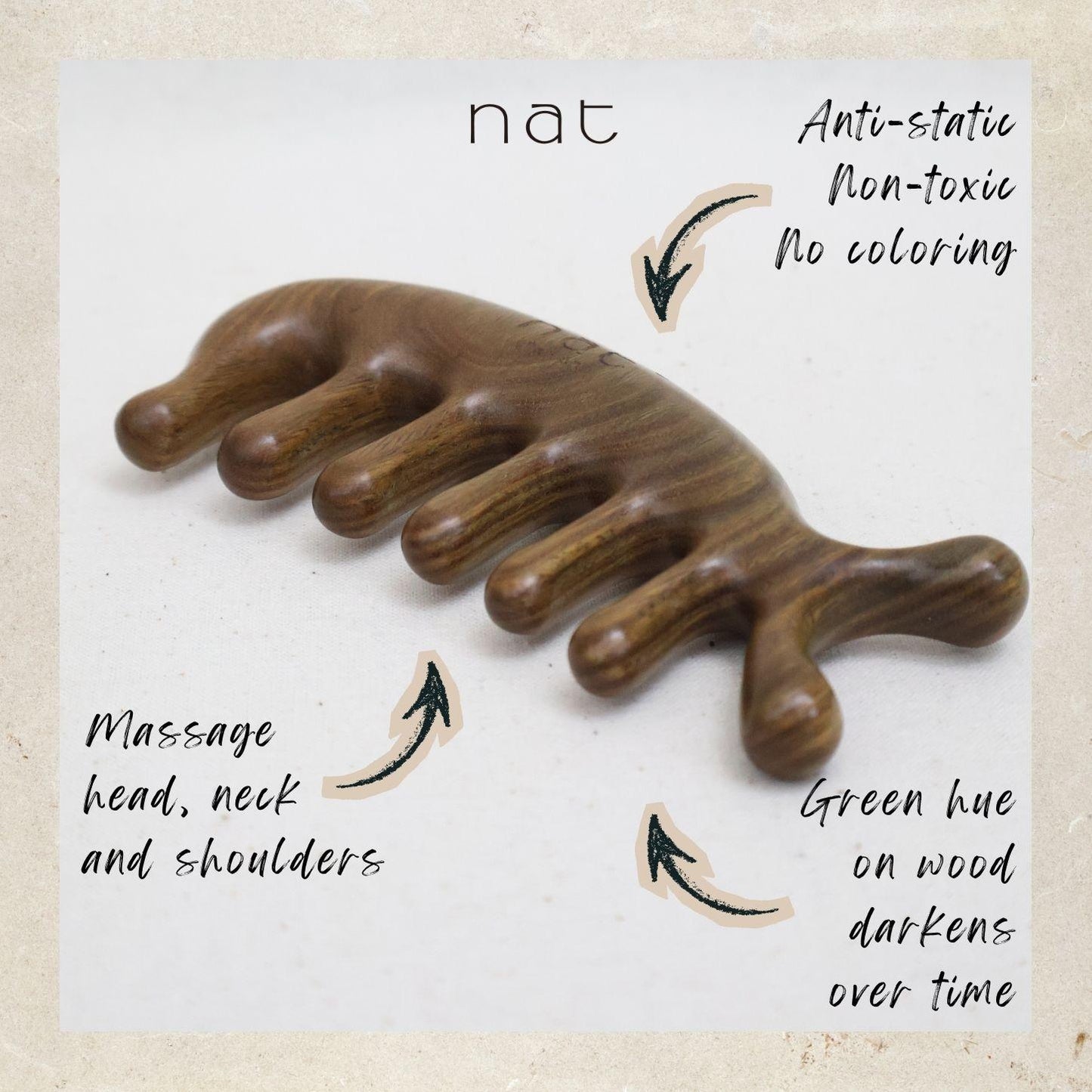 NAT Natural Argentinian Green Sandalwood Wood Wooden Massage Anti-Static Multifunctional Gua Sha Comb - 9932