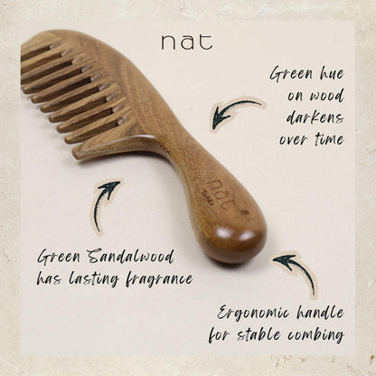 NAT Natural Green Sandalwood Wide Tooth Anti-Static Comfort Grip Massage Comb - Upgraded Version - 9840