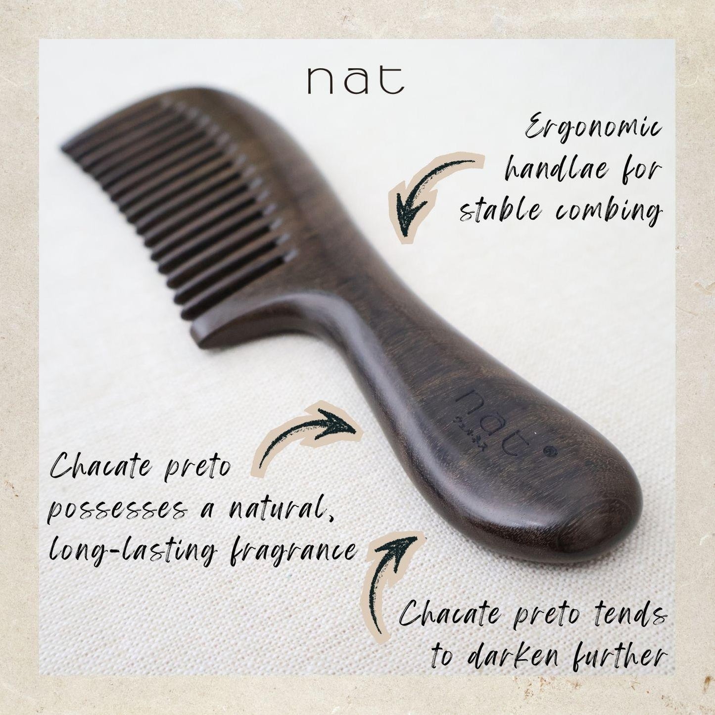 NAT Natural Chacate Preto Wooden Wood Wide Tooth Premium Anti-Static Prime Styling Comb - 9923
