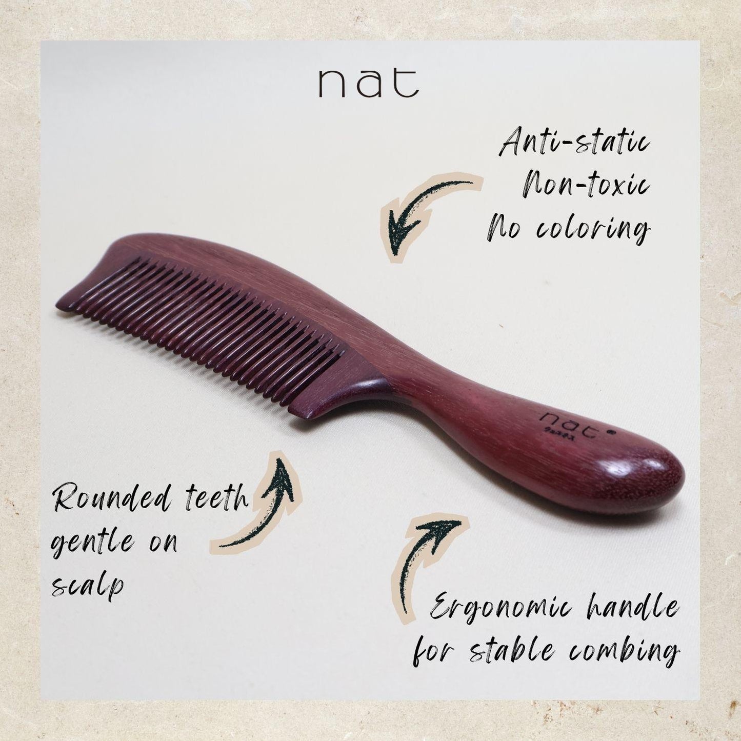 NAT Natural Purpleheart Hardwood Wooden Anti-Static Wood Smooth Care Comb - 9956