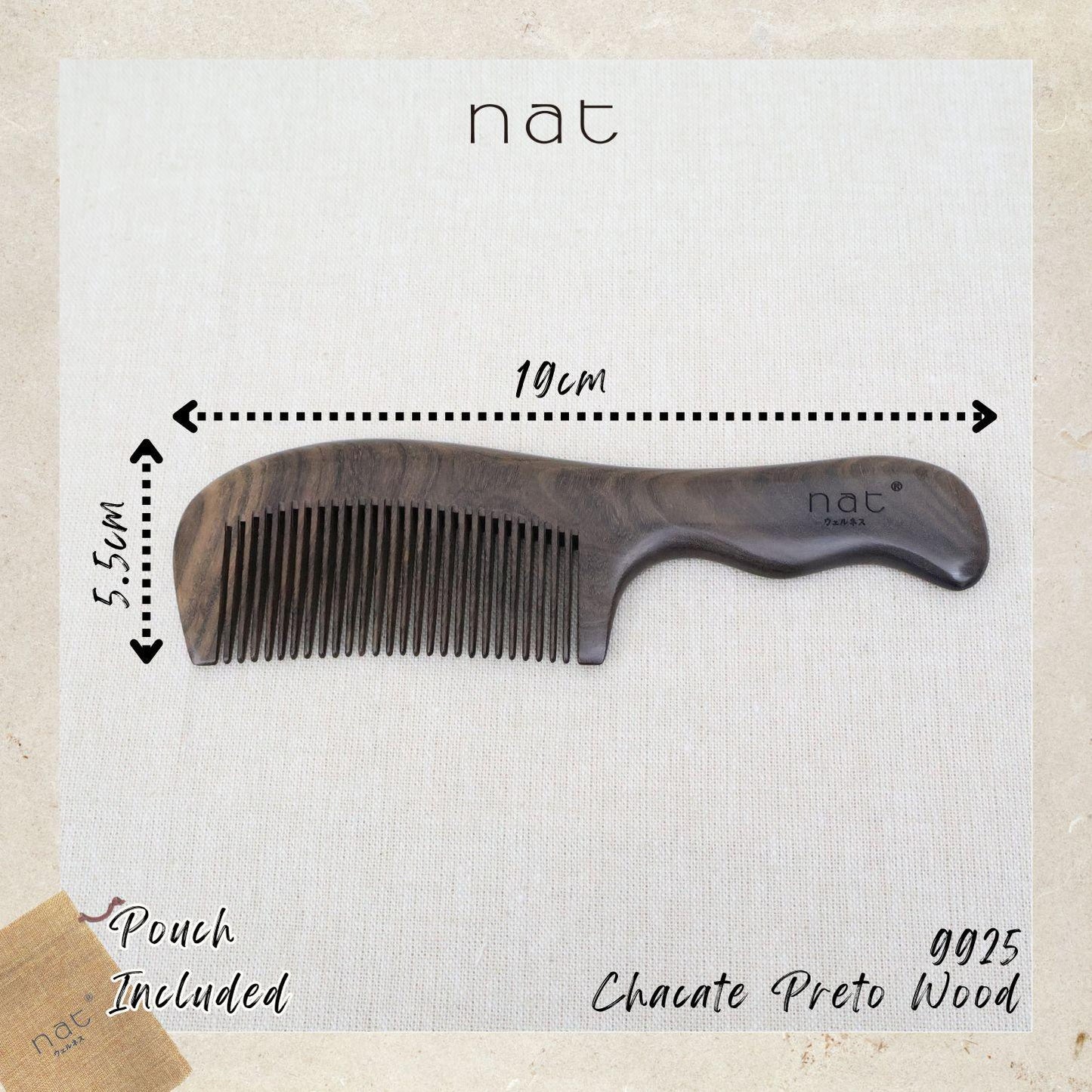 NAT Natural Smooth Care Chacate Preto Wooden Wood Narrow Tooth Ergonormic Handy Premium Anti-Static Comb - 9925