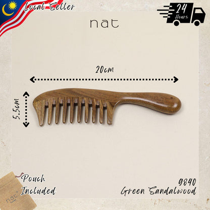 NAT Natural Green Sandalwood Wide Tooth Anti-Static Comfort Grip Massage Comb - Upgraded Version - 9840