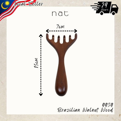 NAT Natural Walnut Wood Wooden Gentle Scalp Care Massage Anti-Static Six Wide Rake Design Gua Sha - 9939