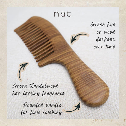 NAT Natural Green Sandalwood Wide Tooth Anti-Static Pure Scalp Comb - 9842