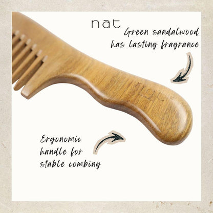 NAT Natural Green Sandalwood Wide Tooth Anti-Static Ergonormic Comb Hair Accessories - 9856