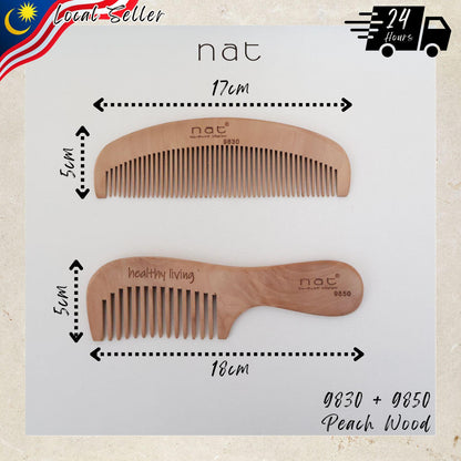 NAT Natural Gold Peach Wood Wide and Fine Tooth Anti-Static Comb Set Gentle Touch Comb Set - 9830+9850