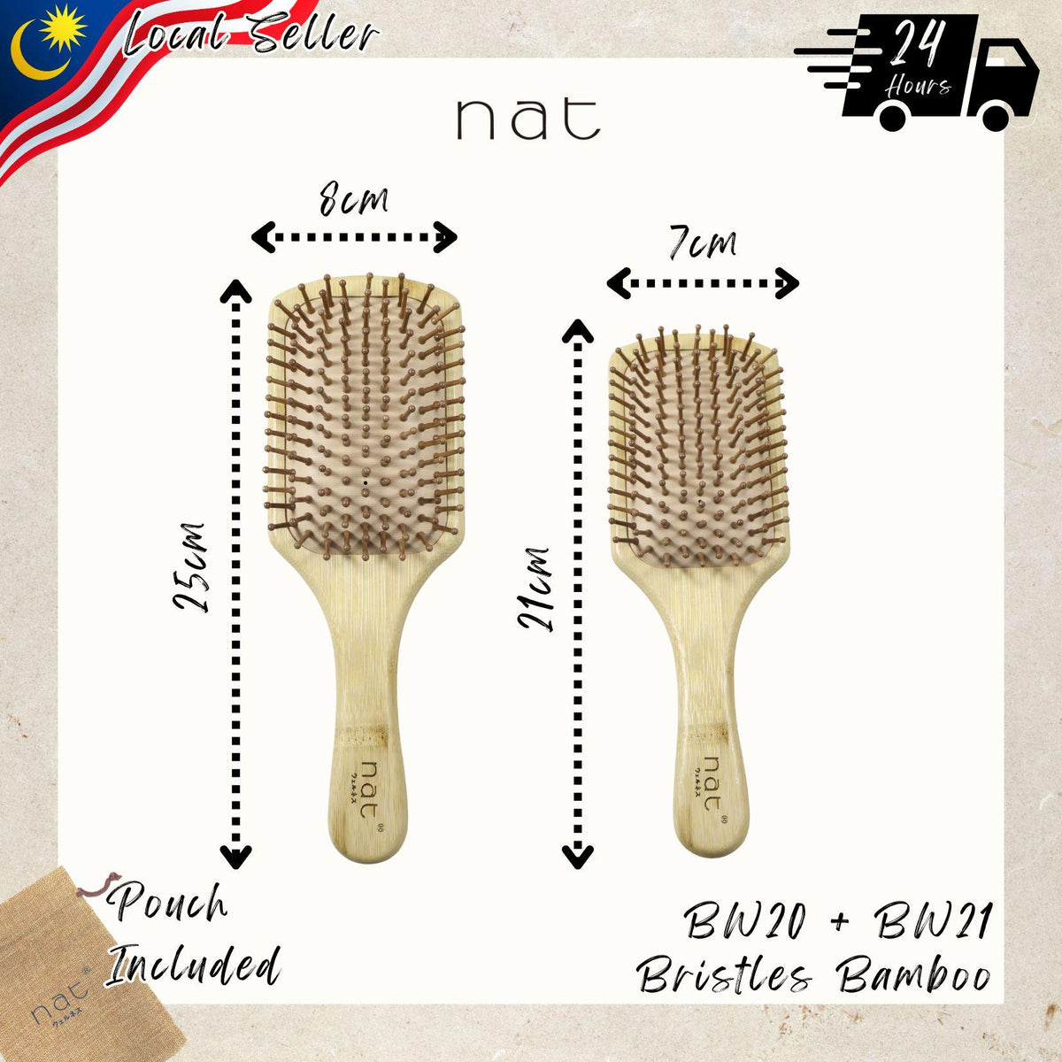 NAT High Quality Bamboo Hair Brushes Combo with Rubber Air Cushion Healthy Scalp - BW20+BW21
