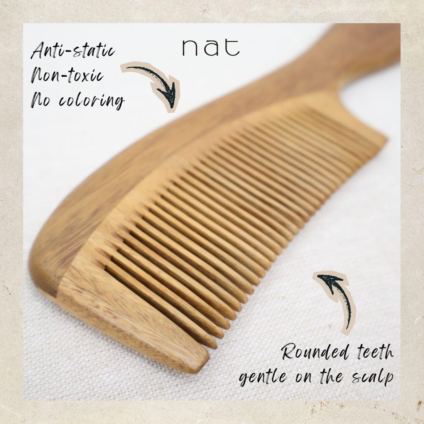 NAT Natural Green Sandalwood Fine Tooth Mix Color Anti-Static Gentle Relief Comb - 9847