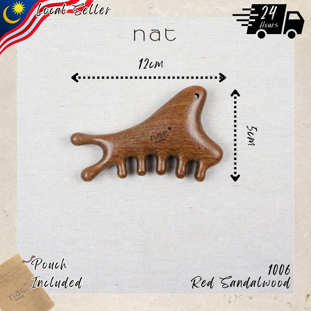 NAT 4-in-1 Natural Red Sandalwood Massage Anti-Static RootCare Comb for Gua Sha and Massaging - 1006