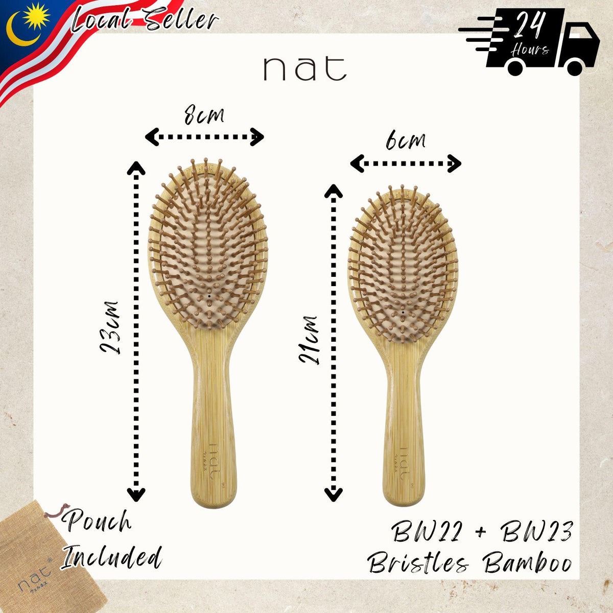 NAT High Quality Natural & Anti Static Bamboo Hair Brushes Combo with Rubber Air Cushion Deep Relax - BW22+BW23