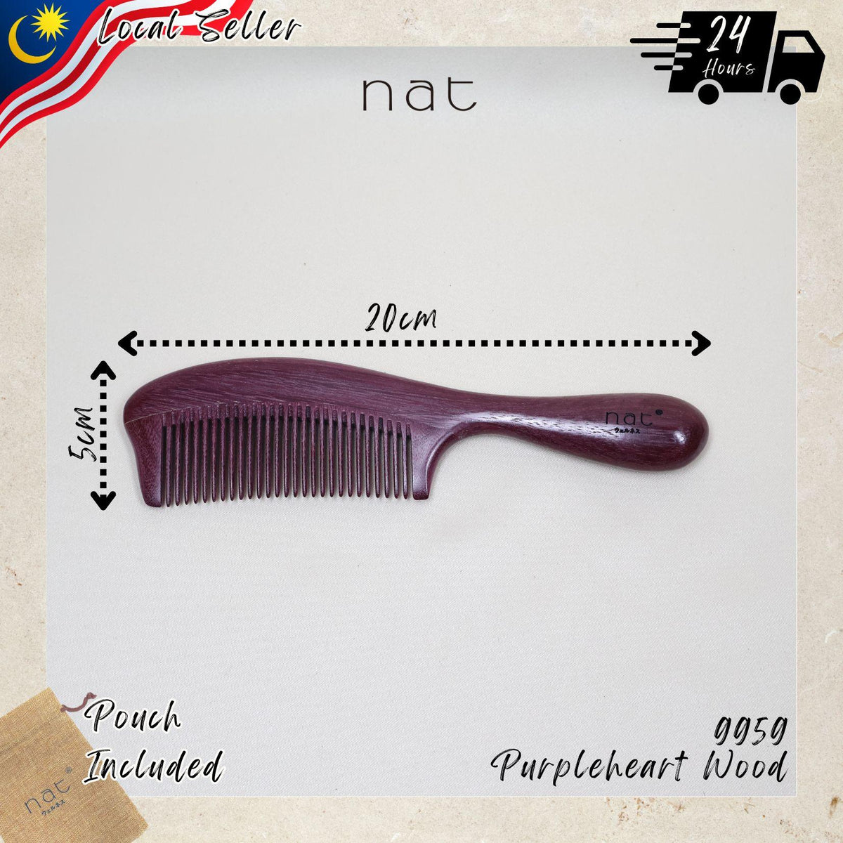 NAT Natural Purpleheart Hardwood Wooden Anti-Static Wood Prime Styling Comb - 9959