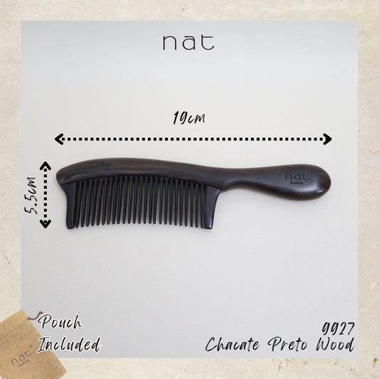 NAT PREMIUM Natural Chacate Preto Wooden Wood Broad Rounded Bristles Ergonormic Anti-Static Care Comb - 9927