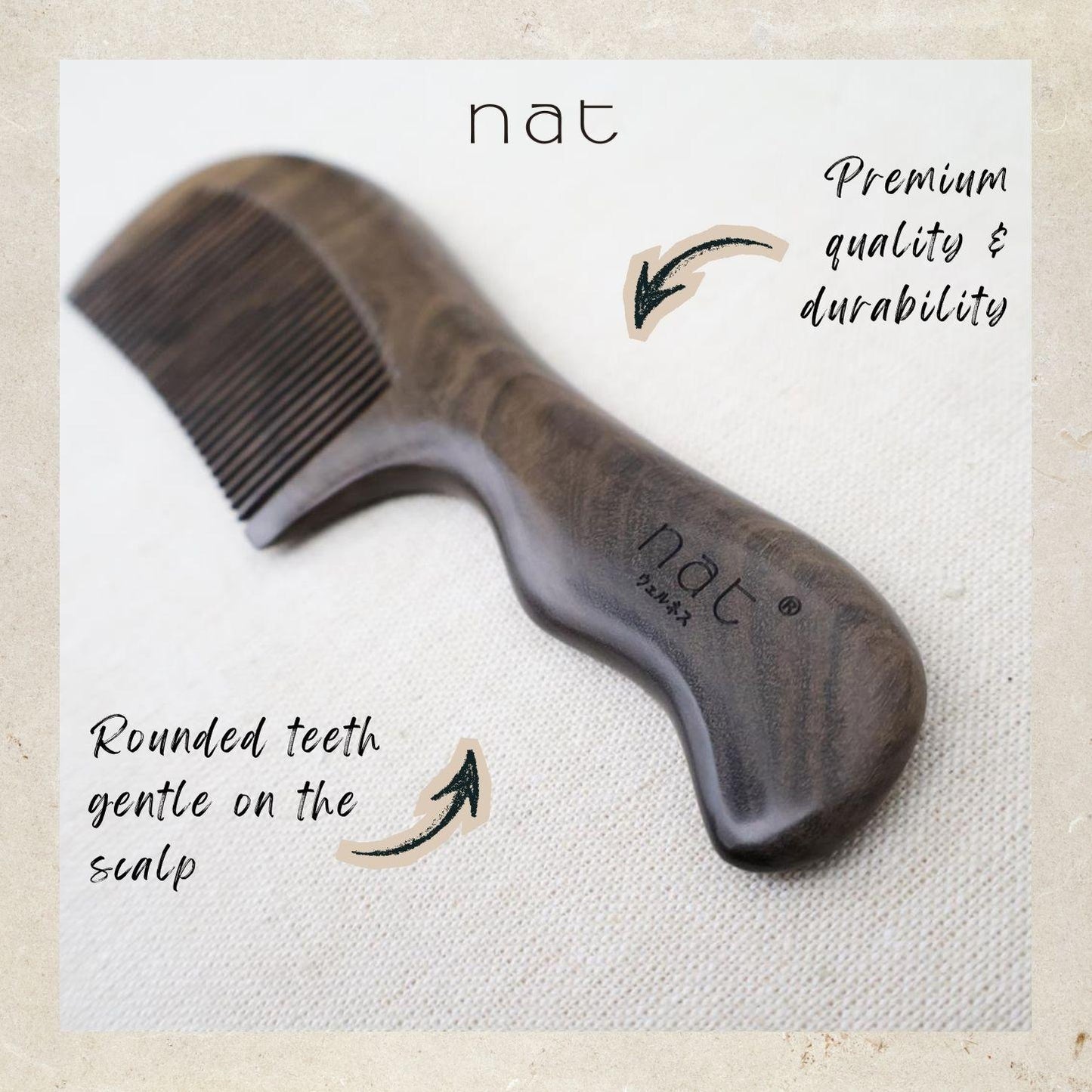 NAT Natural Smooth Care Chacate Preto Wooden Wood Narrow Tooth Ergonormic Handy Premium Anti-Static Comb - 9925