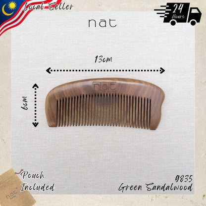 NAT Natural Green Sandalwood Fine Tooth Anti-Static Soothing Head Massage Comb - 9835