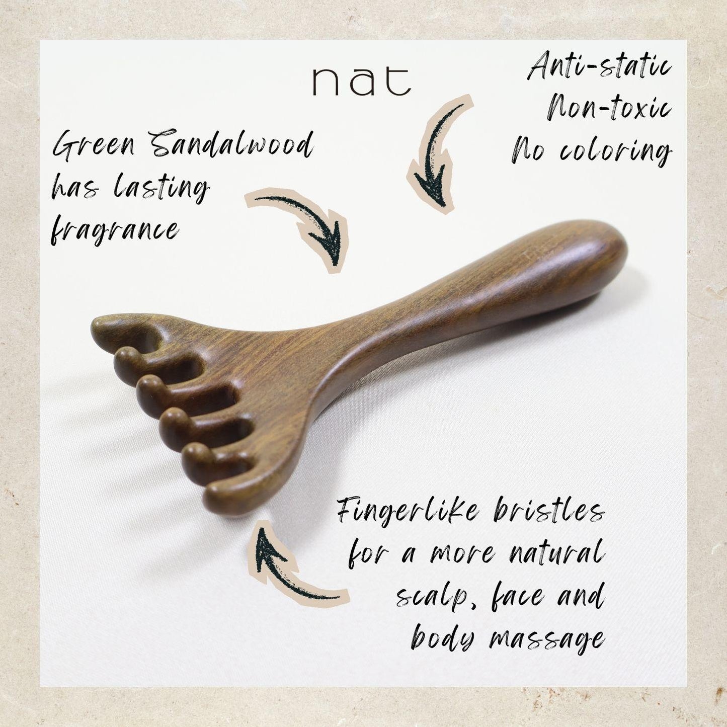 NAT Natural Argentinian Green Sandalwood Massage Anti-Static Smooth Comb Rake for Gua Sha and Massaging - 1005